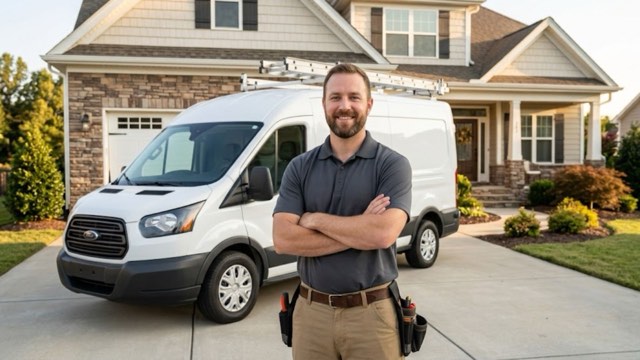 Charlotte Refrigerator Repair technician and service van outside a customer's home